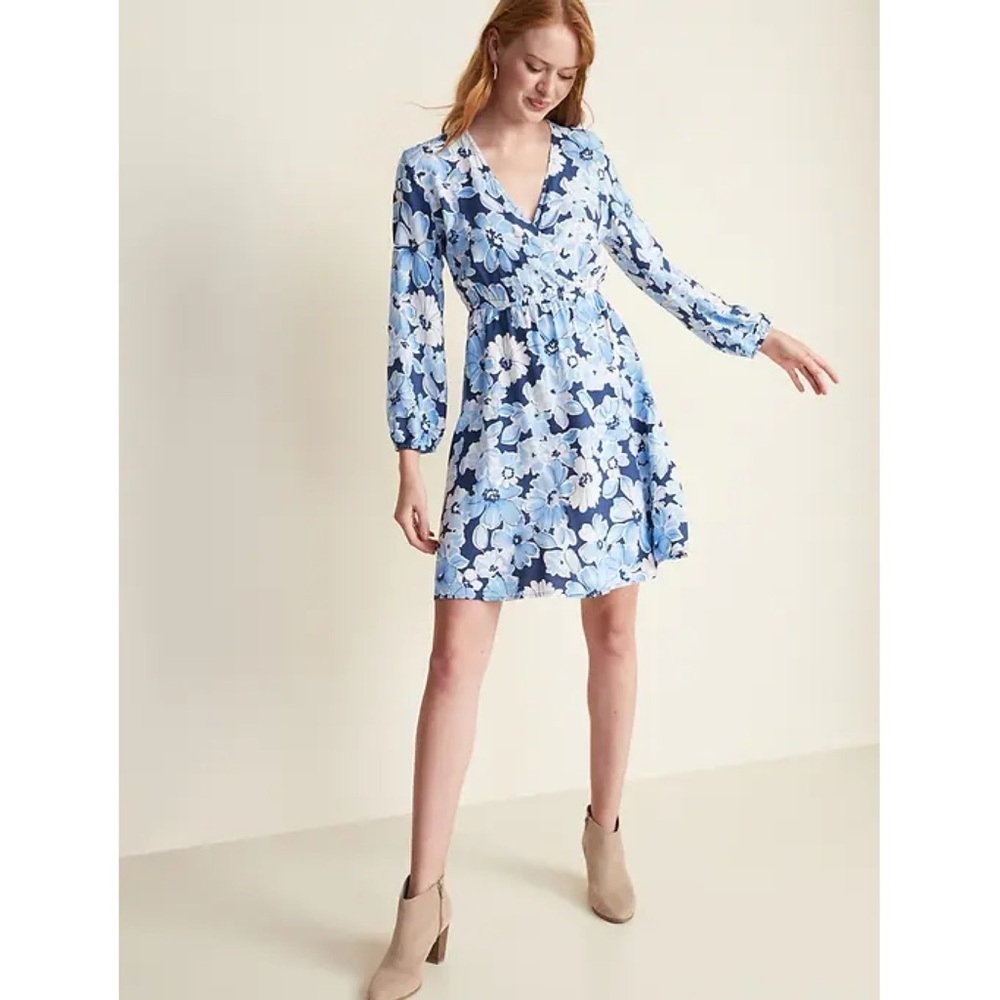 Old Navy Blue White Floral Wrap Dress M Waist-Defined Long Sleeve Mini